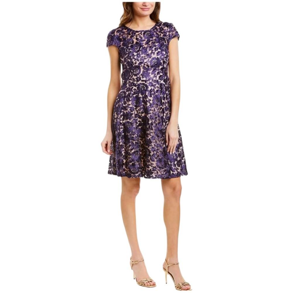 Marina Navy and Metallic Lace Fit and Flare Cocktail Dress 10 EUC